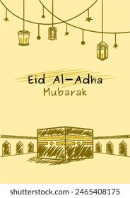 Afiche de la Ilustración vectorial eid al-adha mubarak. Simple con estilo dibujado a mano. Perfecto para el póster, tarjeta de felicitación, Anuncio y diseño de la cubierta.