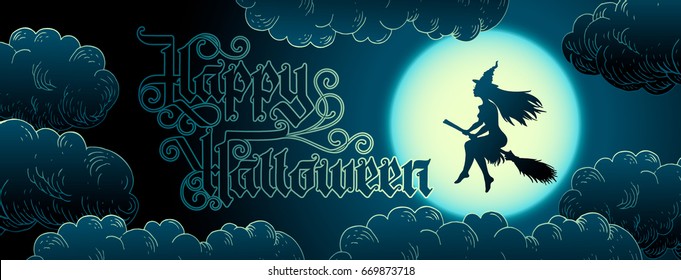 Poster Vector illustration. Hand lettering Happy Halloween on moon background. Template for greeting card, poster, banner. Gothic calligraphy, cloud engraving.