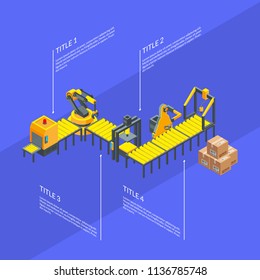 Poster with vector isometric conveyor elements infographics production data info illustration