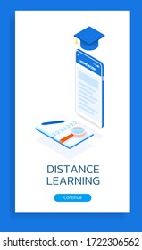 Afiche con una ilustración isométrica vectorial de la educación a distancia usando un smartphone. Un teléfono con una aplicación de aprendizaje a distancia, al lado es un libro de texto con lápiz y amplificador. 