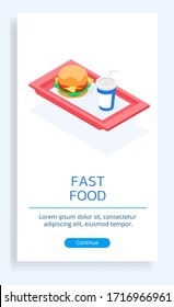 A poster with a vector isometric stylish illustration that depicts a colorful burger and soda in a cup on a tray. Suitable for culinary, business and other items.