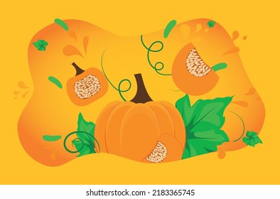 Poster Vector With Pumpkin And Green Leaves. Splash Of Pumpkin Flavor On Orange Background.