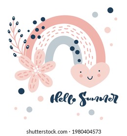 Poster Vector rainbow with heart and rain dots in cartoon scandinavian style text hello summer and flowers bouquet isolated on white background for kids. Cute spring illustration card in hand drawn