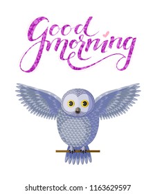 Poster with vector silver owl sitting on a branch with pink purple lettering good morning above. Isolated bird on white background. Originally designed character, vector grey owl spreading wings.