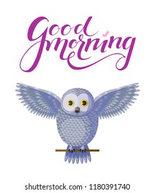 Poster with vector silver owl sitting on a branch with purple lettering good morning above. Isolated bird on white background. Originally designed character, vector grey owl spreading wings.