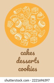 Poster vector template with cakes. Advertising for bakery shop or cafe.