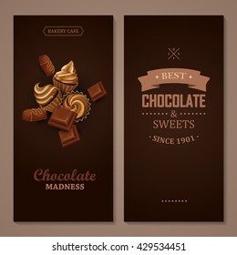 Poster vector template with chocolate and cupcakes. Advertising for bakery shop or cafe.