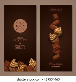 Poster vector template with chocolate and cupcakes. Advertising for bakery shop or cafe.