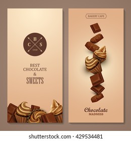 Poster vector template with chocolate and cupcakes. Advertising for bakery shop or cafe.