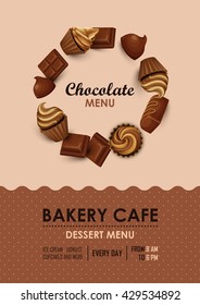 Poster vector template with chocolate, cupcakes and sweets. Advertising for coffee shop or cafe.