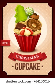 Poster vector template with Christmas cupcake