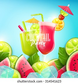 Poster vector template with cocktail and fruits. Party invitation. 