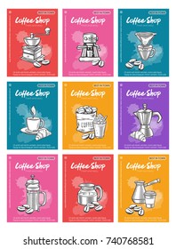 Poster vector template coffee page design with sketch cups, hot drinks, French press, brewer for label menu cafe and coffeehouse