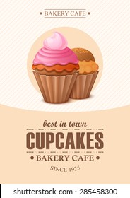 Poster vector template with cupcakes. Advertising for bakery shop or cafe.