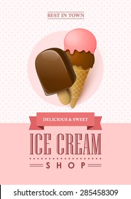 Poster vector template with ice cream. Advertising for candy shop or cafe.