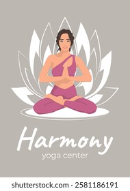 Poster vector for a yoga studio, class, fitness center, and store. On a gray background. Girl in a lotus pose. Vector illustration of yoga.