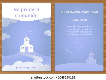 Poster with vectorized drawing of a church and birds with the phrase "My first communion" written in Spanish. Vector, card.
