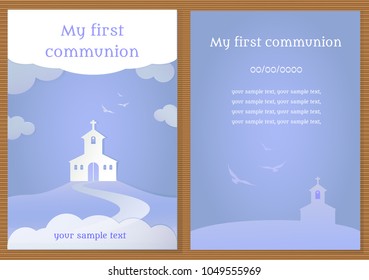 Poster with vectorized drawing of a church and birds with the phrase "My first communion" written. Vector, card.
