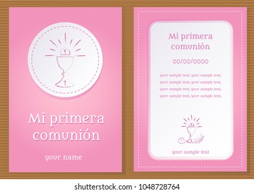 Poster with vectorized drawing of a sacred chalice and divine host with the phrase "My first communion" written in Spanish. Vector.