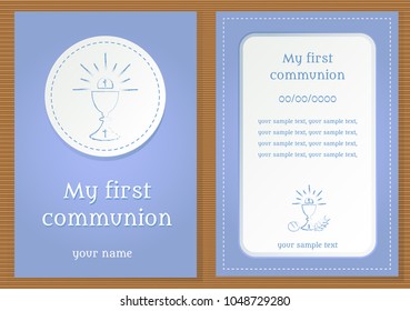 Poster with vectorized drawing of a sacred chalice and divine host with the phrase "My first communion" written. Vector.