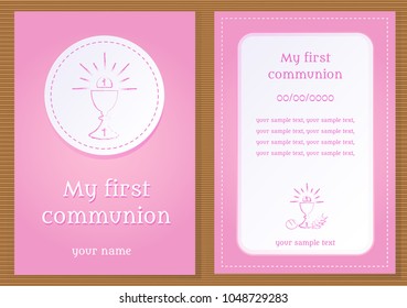 Poster with vectorized drawing of a sacred chalice and divine host with the phrase "My first communion" written. Vector.