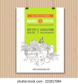 Poster with vegetables and fruits, organic food and drink. Perfect design for farm market advertising, farming industry and bio product business. Modern identity for bio products and agriculture.