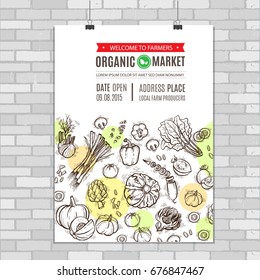 Poster with vegetables and greens, organic food. Perfect design for farm market advertising, farming industry and bio product business. Modern identity for bio products and agriculture.