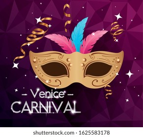 poster of venice carnival and mask with feathers vector illustration design