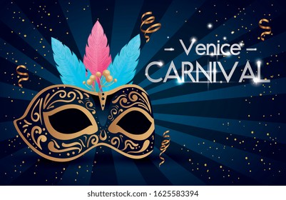 poster of venice carnival and mask with feathers vector illustration design