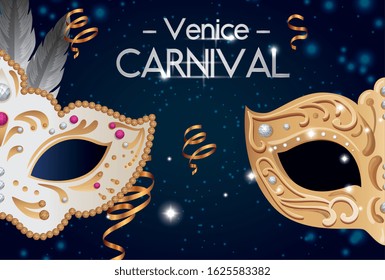 poster of venice carnival with masks and decoration vector illustration design