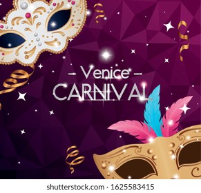 poster of venice carnival with masks and decoration vector illustration design