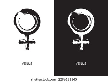 Poster of Venus astrological symbol in two color versions. Planet glyph. Black ink handwriting. Vector.