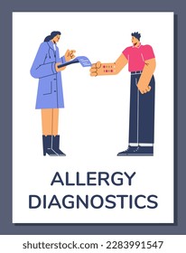 Poster oder vertikaler Banner über die Allergikerdiagnose flach, Vektorgrafik einzeln auf grauem Hintergrund. Frau Arzt mit Dokumenten, Hauttest, Mann