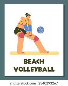 Poster or vertical banner about beach volleyball flat style, vector illustration isolated on blue background. Decorative design with text, young woman player hitting ball, sport and leisure