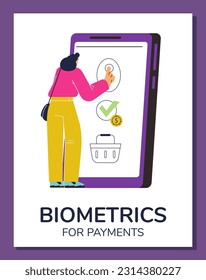 Poster or vertical banner about biometrics for payments flat style, vector illustration isolated on purple background. Decorative design, modern technologies, woman pays with fingerprint