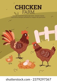 Poster or vertical banner about chicken farm flat style, vector illustration. Decorative design with place for text, poultry and farming, chicken, nest with eggs