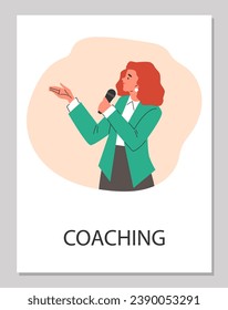 Poster or vertical banner about coaching flat style, vector illustration isolated on gray background. Decorative design, woman with microphone, motivation speaker