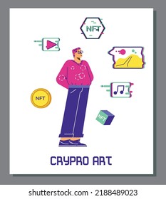 Cartel o banner vertical sobre el estilo plano de la criptografía, ilustración vectorial aislada en fondo gris. Los personajes del hombre eligen el arte para la colección NFT, criptodivisa, tecnologías modernas