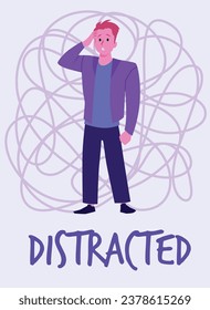 Cartel o cartel vertical sobre el estilo plano de un joven distraído, ilustración vectorial aislada en fondo azul. Síntoma del TDAH, líneas caóticas enredadas, diseño decorativo. Salud mental