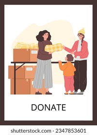 Poster or vertical banner about donation flat style, vector illustration isolated on brown background. Smiling woman giving blankets to people, decorative design, volunteer helping