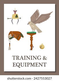 Poster or vertical banner about falconry training and equipment flat style, vector illustration isolated on brown background. Decorative design with text, big falcon sitting on stand