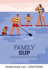 Cartel o cartel vertical sobre el estilo plano de sup familiar, ilustración vectorial. Padres con niños y perros con chalecos salvavidas amarillos nadan en tablas de surf, ocio familiar, vacaciones activas