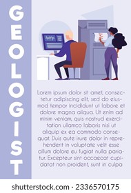 Cartel o cartel vertical sobre geólogos de estilo plano, ilustración vectorial. Diseño decorativo con lugar para el texto, hombre y mujer analizan datos en retrospectiva de laboratorio, medidas
