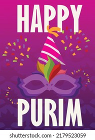 Poster or vertical banner about Happy Purim flat style, vector illustration. Purple carnival mask with colorful feathers, party cone hat, confetti and white text