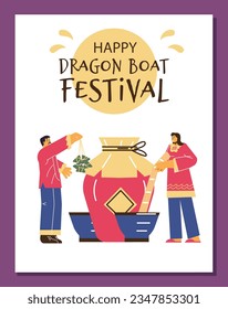 Poster or vertical banner about Happy Dragon boat festival flat style, vector illustration isolated on purple background. Decorative design with text, greeting card, people with huge glass jar
