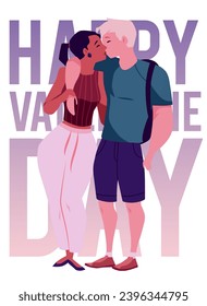 Afiche o cartel vertical sobre Feliz Día de San Valentín con un estilo de pareja de besos, ilustración vectorial aislada en fondo blanco. Diseño decorativo, romance y relaciones