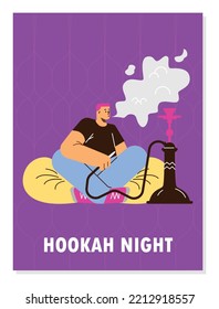 Poster or vertical banner about hookah night flat style, vector illustration isolated on white background. Young boy with pink hairs sits on pouffe and smokes hookah, habit, lifestyle