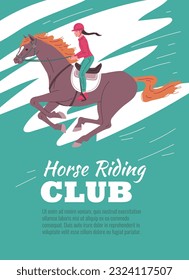 Poster or vertical banner about horse riding club flat style, vector illustration. Decorative design with text, young woman in helmet on horseback, sport and hobby. Horse with orange mane and tail