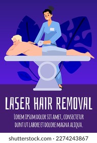 Cartel o pancarta vertical sobre el depilación láser de estilo plano, ilustración vectorial. Hombre en un escritorio especial, mujer profesional maestra, tecnologías modernas, diseño decorativo