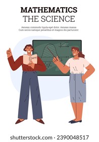 Poster oder vertikaler Banner über Mathematik-Naturwissenschaften flach, Vektorgrafik einzeln auf weißem Hintergrund. Dekoratives Design mit Platz für Text, Frauen mit Lehrbuch und Kreide-Tafel